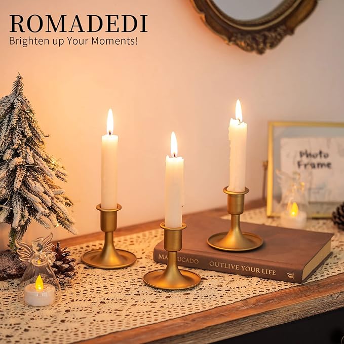Candlestick Holders Taper Candle Holders, Romadedi Gold Candle Stick Candle Holder for Table Centerpiece, Wedding Reception, Festive Christmas Mantel Decoration or Home Decor, Set of 18