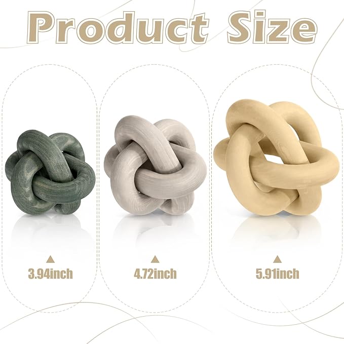 3 Pack Wooden Knot Decorations 3 Color Set Coordinated Boho Nautical Home Decor for Shelf, Wall, Tabletop, Sizes 3.94", 4.72", 5.91"(Multi Light Color)