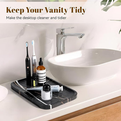 Koville Marble Tray, 12"x8" Marble Vanity Tray for Bathroom Kitchen Countertop, Rectangular Stone Tray for Cosmetics Perfume Trinket, Decorative Catchall Trays (Black)