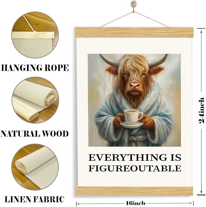YGSDZY Inspirational Canvas Poster, Everything Is Figureoutable Poster, Funny Highland Cow Decor, Motivational Home Office Decors, Bedroom Wall Decor, Encouragement Gift, 11.8 * 15.7