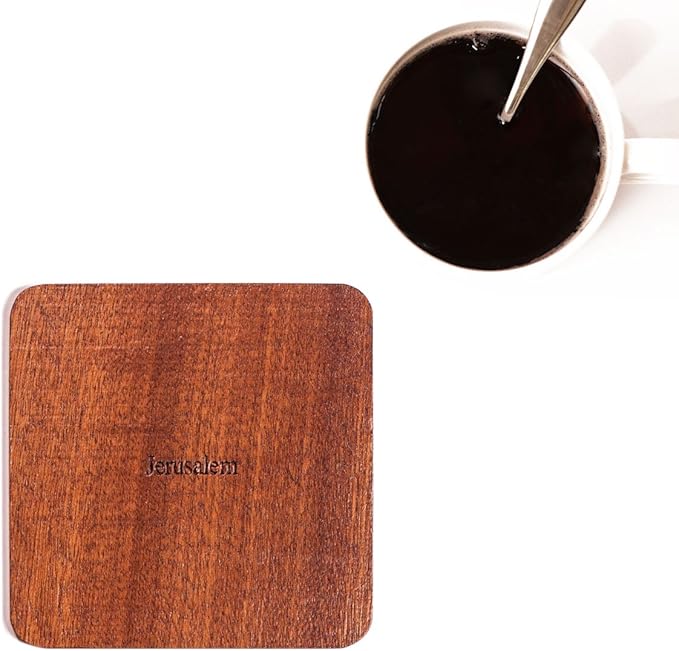 Jerusalem Map Coaster by O3 Design Studio, Set Of 4, Sapele Wooden Coaster With City Map, Handmade