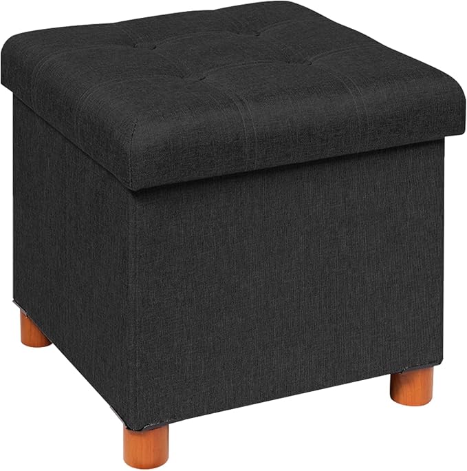 PINPLUS Storage Ottoman Cube, Linen Footrest with Wooden Legs, Foldable Fabric Footrest, Comfortable Seat with Lid, Ottoman with Storage for Living Room, 15"x 15"x 15"