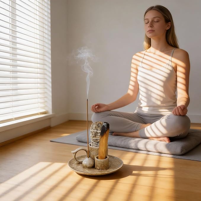 4.1-Inch 5-in-1 Ceramic Smudge Bowl-Versatile Incense Stick Holder and Smudging Dish for Palo Santo and Sage–Ideal for Zen Altar, Meditation,Yoga, and Aromatherapy–Easy to Clean Brown Design