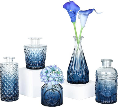 Glass Bud Vase Set of 5, Small Blue Flower Vases for Centerpieces in Bulk, Mini Vintage Vase for Wedding Decor, Single Flowers, and Home Table Décor