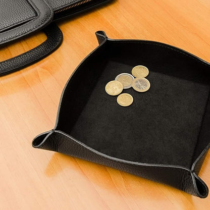 Maruse Italian Tumble Leather Valet Tray Organizer, Office Desk Accessory, Durable Leather Handmade in Italy (Black)
