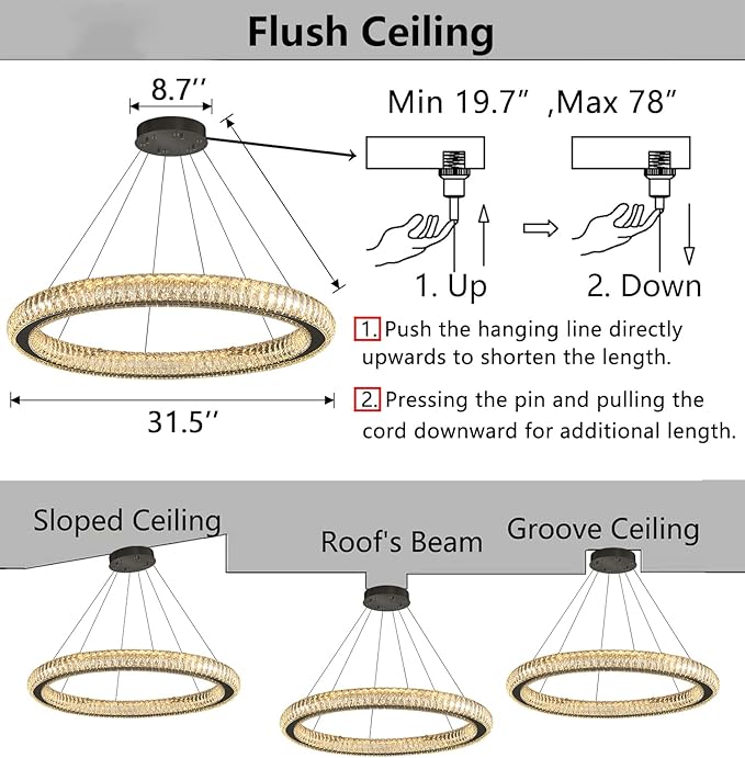 Modern Ring Chandelier LED Dimmable Living Room Chanderliers Entryway High Ceiling Crystal Ring Pendant Lights for Dining Room Bedroom Black Interior Light