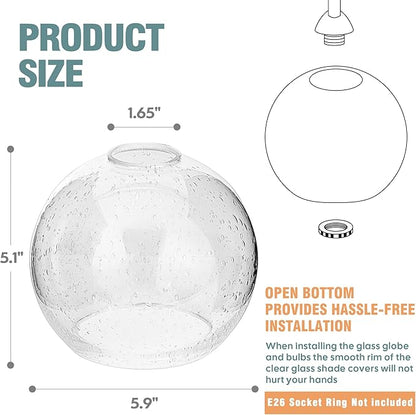 Handblown Clear Seeded Glass Globe Shade – 1.65" Fitter Opening – Replacement Lamp Shade for Pendant Lights, Chandeliers, Wall Sconces, Vanity & Ceiling Fixtures (3 Pack)