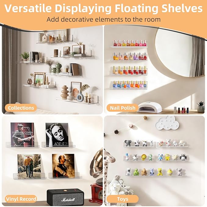 Optish 8 Pack Acrylic Shelves, 12" x 3.7" Clear Shelves for Wall, Nail Polish Rack, Floating Shelves Bathroom, Perfume Hanging Shelf for Figures, Bedroom Decor