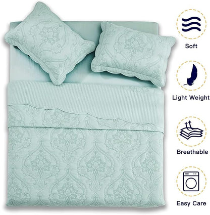 CHIXIN Bedspread Coverlet Set Queen Size - Lightweight Bedding Cover - Beautiful Stitching - 5 Piece Reversible Bedspread - Gorgeous Damask Paisley Pattern (Queen, Seaglass)