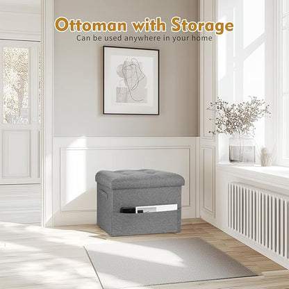Storage Ottoman Foot Rest, Folding Linen Foot Stool with Thicker Foam Padded Seat. Small Ottoman with Storage Bench for Bedroom Living Room, Holds Up to 300 lbs, 17x13x13IN (Light Gray)