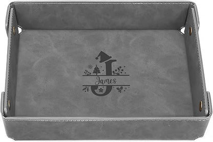 Engraved Christmas Gray Leather Valet Tray – Personalized Rectangle Catchall Organizer for Wallet, Keys, and Jewelry – Gift for Men, Dad, Couples – Dresser Top or Coffee Table Tray Decor