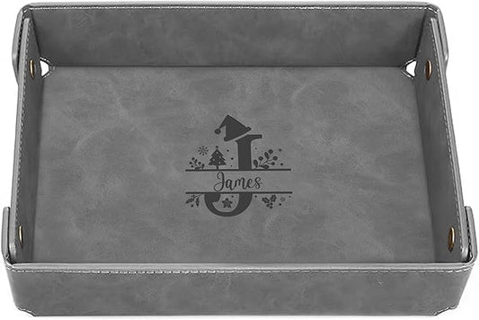 Engraved Christmas Gray Leather Valet Tray – Personalized Rectangle Catchall Organizer for Wallet, Keys, and Jewelry – Gift for Men, Dad, Couples – Dresser Top or Coffee Table Tray Decor