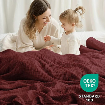 100% Cotton Muslin Blanket Large 50"x 70", 6 Layers Breathable and Lightweight Cotton Throw Blankets for Couch, Soft Cooling Summer Gauze Blanket for Adults All Season, Burgundy