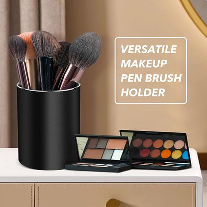 RQB Metal Pen Holder for Desk Round Aluminum Desktop Organizer and Makeup Brush Holder Storage Box for Office, School, Home, and Kids, Non-slip silicone bottom3.9×3.14inch (Black)