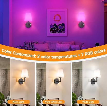 Battery Operated Wall Sconces Set of 2, Wireless Wall Light with 10000mAh RGB Dimmable Magnetic Bulb, Rechargeable Wall Sconce with Remote Control for Bedroom Living Room