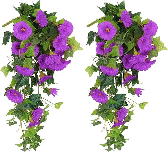 RECUTMS Artificial Fake Hanging Flowers Plants for Outdoor Spring Decor, 2 Pcs UV Resistant Faux Petunias Trailing Plants Realistic Flower Look Real for Door Wall Yard Porch Garden Planter (Fuchsia)