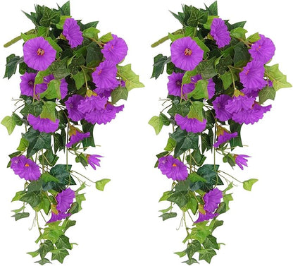 RECUTMS Artificial Fake Hanging Flowers Plants for Outdoor Spring Decor, 2 Pcs UV Resistant Faux Petunias Trailing Plants Realistic Flower Look Real for Door Wall Yard Porch Garden Planter (Fuchsia)