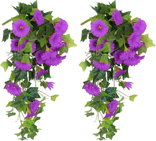 RECUTMS Artificial Fake Hanging Flowers Plants for Outdoor Spring Decor, 2 Pcs UV Resistant Faux Petunias Trailing Plants Realistic Flower Look Real for Door Wall Yard Porch Garden Planter (Fuchsia)