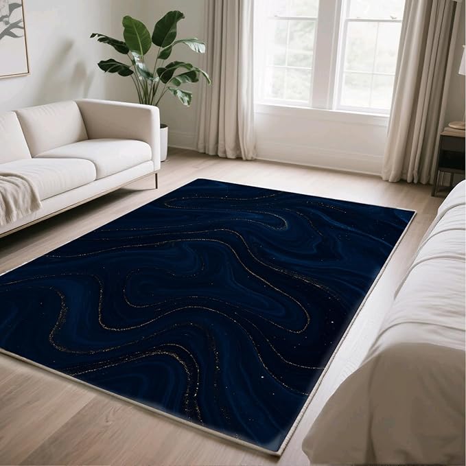 Luxury Marble Rug - 5x7 Area Rugs, Navy Blue Marble Rug, Modern Abstract Bedroom Rugs, Washable & Non Slip Carpet Home Decor