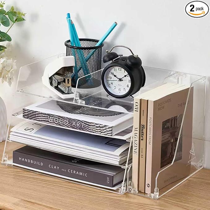 Acrylic Desk Organizer - 4-Tier Tray with Vertical File Holder for Books, Stationary, Letter, Magazines, Documents, and File Organizer - Durable Space Saving Storage, For Home and Office