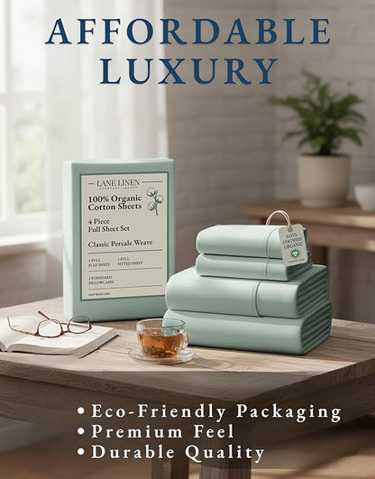 LANE LINEN 100% Organic Cotton Full Sheets Set, Soft & Comfy Percale Weave Fully Elasticized Reinforced Seams Sustainably Produced Oeko Tex Certified Deep Pocket Cotton Full Size Sheet - Cool Blue