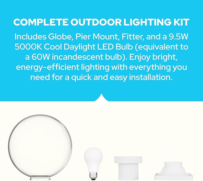 KASTLITE 12" Globe Pier Mount Outdoor Lighting with LED Lamp | UV & Waterproof Pillar & Column Lights | Deck Driveway Yard Patio & Garden Fixture | Made in USA | Clear Cover, White Decorated Base