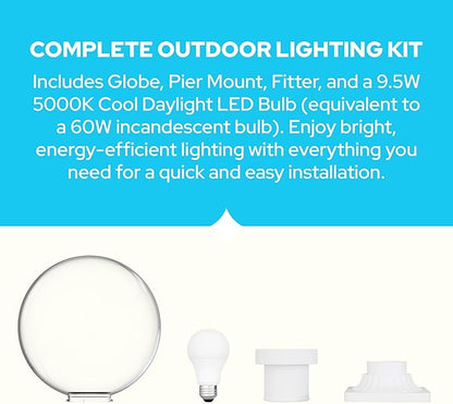 KASTLITE 12" Globe Pier Mount Outdoor Lighting with LED Lamp | UV & Waterproof Pillar & Column Lights | Deck Driveway Yard Patio & Garden Fixture | Made in USA | Clear Cover, White Decorated Base