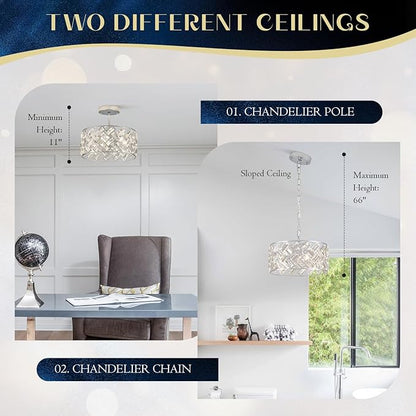 Chrome Crystal Chandelier 4-Light, 12" Modern Round Drum Ceiling Light, Semi Flush Mount Crystal Pendant Fixture for Kitchen Island, Dining Room, Bedroom, Entryway, Hallway