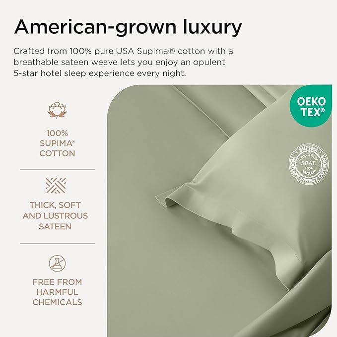 Threadmill Supima Cotton Sheets, 1000 Thread Count Cotton Sheets for Cal King Size Bed, 4 Pc Sage Green Cal King Bed Sheet Set, 5-Star Hotel Quality, Elasticized Deep Pocket Cal King Sheet