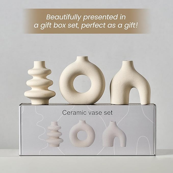 White Ceramic Vase Set of 3, Small Flower Vases for Pampas Grass, Modern Boho Vase for Decor, Round White Vases Centerpieces for Wedding Living Room Bedroom Coffee Table Dinner Table