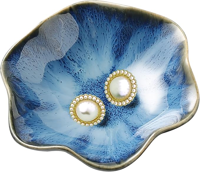 Ceramic Ring Dish, Jewelry Dish Holder, Small Trinket Tray Plate for Earrings Rings Necklaces Keys, for Mom Friend Sister, Dark Blue