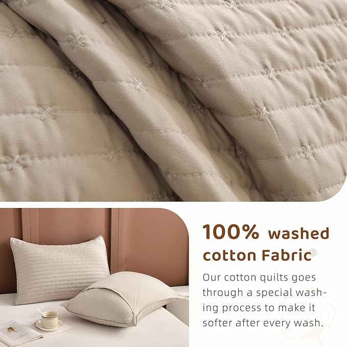 Sanracie Oversized King Quilt Bedspreads 128"x120" for Extra Bed, 100% Cotton California King Coverlet Quilt Set Linen Colored 3Pcs Lightweight Extra Large King Bed Quilt for All Season