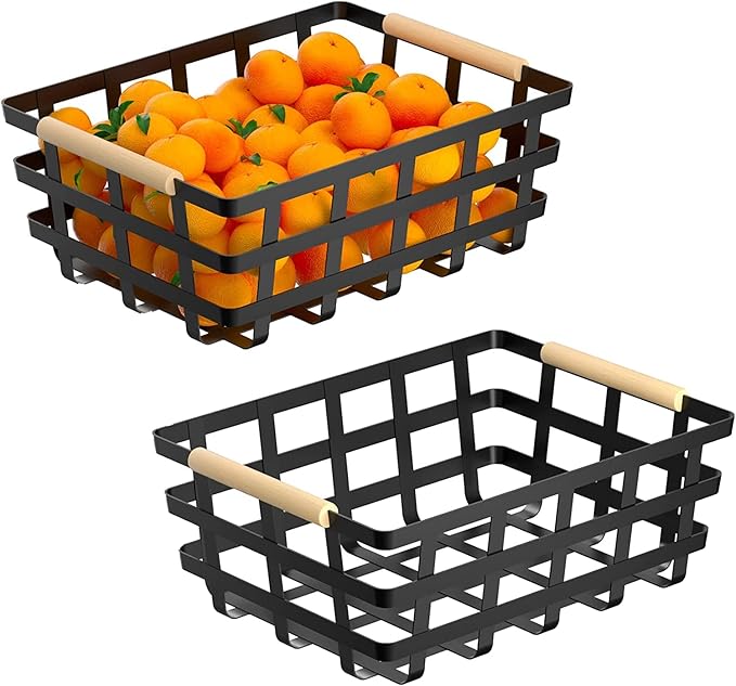 2 Pack X-Large Wire Metal Baskets Thick functional Storage Organizer Farmhouse fruit Bin with Wood Handles for Pantry Cabinets Rustic Kitchen Counter Closet Under Sink, Entryway- Black Upgraded