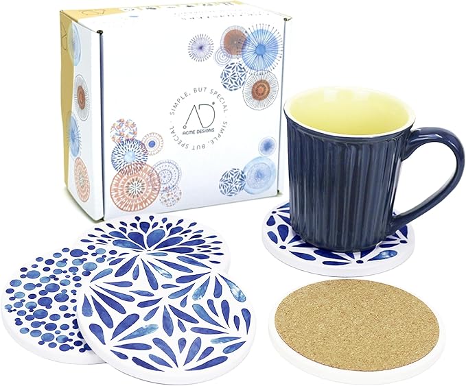 AD Set of 6 Coasters for Drinks Absorbing Round Ceramic Stone Coaster with Cork Base,Tabletop Protection Mat for Mugs and Cups,Office,Kitchen (Indigo Blue)
