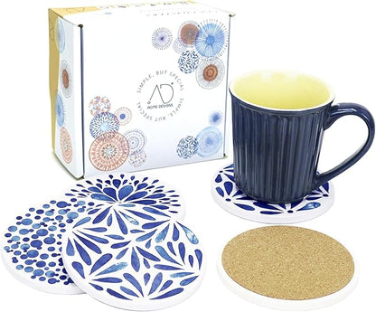 AD Set of 6 Coasters for Drinks Absorbing Round Ceramic Stone Coaster with Cork Base,Tabletop Protection Mat for Mugs and Cups,Office,Kitchen (Indigo Blue)