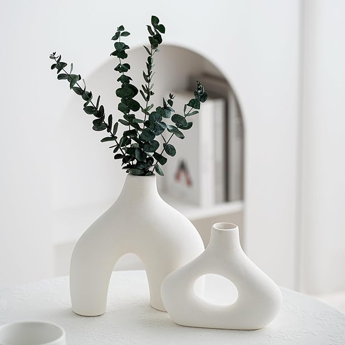 White Ceramic Modern Flower Vase, Nordic Coffee Table Home Decor Vases for Bookshelf, Minimalist Centerpiece, Living Room, Entry Way, Dining Tables, Desk