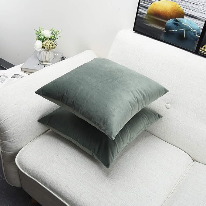 Artaimee Grey Green Velvet Throw Pillow Covers 18x18 Inches (Pack of 2) – Soft, Cozy Sofa & Couch Cushion Cases for Home, Office, and Car Décor
