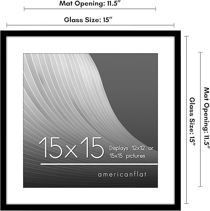 Americanflat 15x15 Picture Frame with Polished Plexiglass - Use as 12x12 Frame with Mat or Display 15x15 Photo Without Mat - Streamline Collection - Thin Border Square Frames for Wall Display - Black