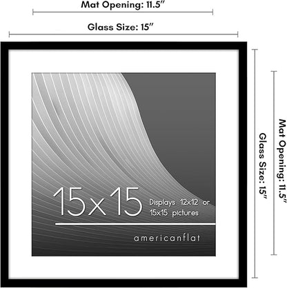 Americanflat 15x15 Picture Frame with Polished Plexiglass - Use as 12x12 Frame with Mat or Display 15x15 Photo Without Mat - Streamline Collection - Thin Border Square Frames for Wall Display - Black