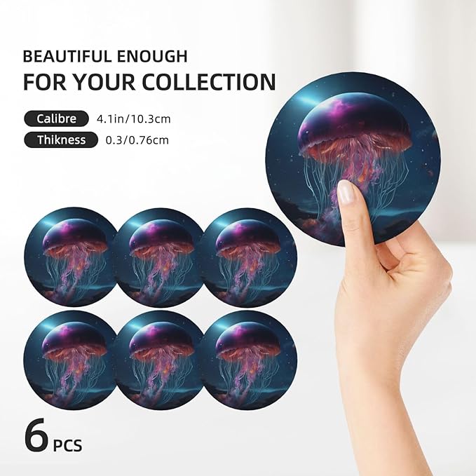 6 Pcs Ceramic Coasters with Holder Absorbent Drink Round Fantasy Mountains Galaxy Gellyfish Design for Home Table Coffee Cup Wine Beer Bar,Size 4.4 inches