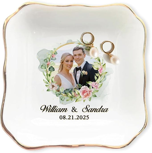 Personalized Photo Wedding Ring Dish Gifts for Couples, Married Jewelry Tray Ring Holder, Wedding Gifts for Women Newlywed Future Bride To be, Engaged Gift for Mr Mrs Wife Husband Him Her