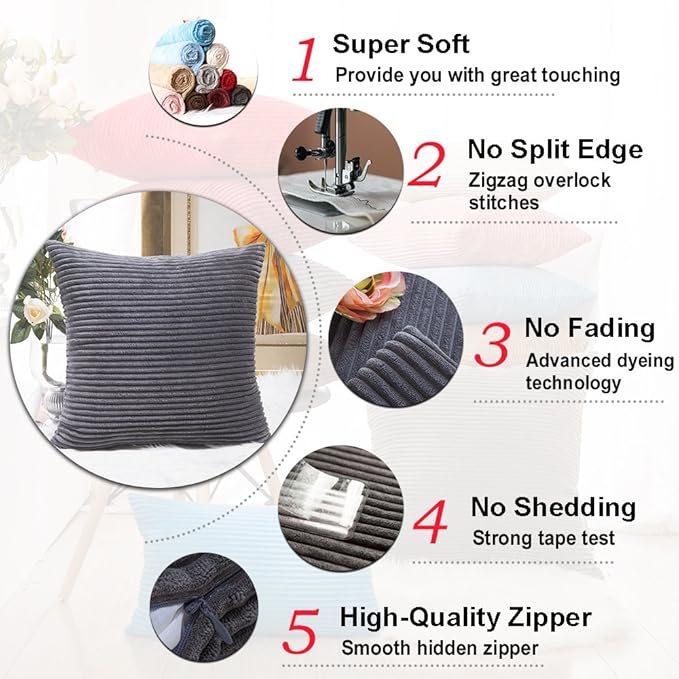 Home Brilliant Grey Pillow Covers 18 x 18 Set of 2 Soft Decorative Striped Corduroy Velvet Square Throw Pillow Cover for Sofa Couch, 18x18 inch, Dark Grey