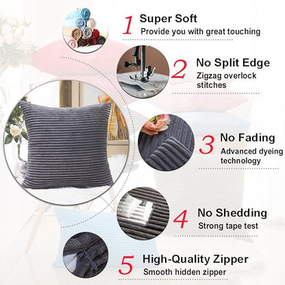 Home Brilliant Grey Pillow Covers 18 x 18 Set of 2 Soft Decorative Striped Corduroy Velvet Square Throw Pillow Cover for Sofa Couch, 18x18 inch, Dark Grey