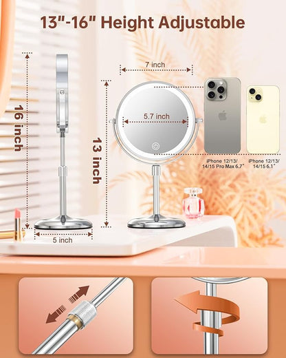Benbilry Lighted Makeup Mirror with Magnification 10X & 3 Color Lights, Adjustable Brightness & Height, 7 Inch 360° Swivel Rechargeable LED Magnifying Make Up Vanity Mirror with Lighting (Silver)