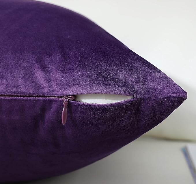 mixeoo Comfy Eggplant Purple Throw Pillow Covers Decorative Square Solid Velvet Super Soft Cushion Cases Home Decor for Sofa Couch Living Room Chair, Set of 2, 16 x 16 Inch