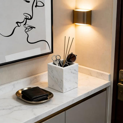 Marble Pen Holder, White Stone, Rectangular Desktop Organizer for Office Study (white)