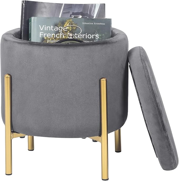 Adeco Upholstered Tufted Round Storage Ottomans, Grey Modern Velvet Footrest Ottomans with Storage for Couch