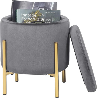 Adeco Upholstered Tufted Round Storage Ottomans, Grey Modern Velvet Footrest Ottomans with Storage for Couch