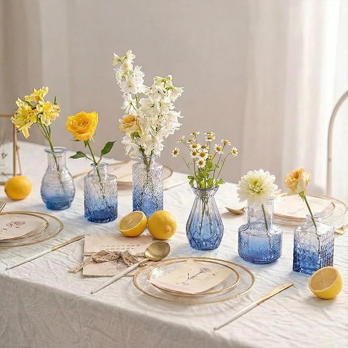 Coastal Blue Glass Bud Vases in Bulk 12, Assorted Embossed Boho Small Flower Vases for Centerpieces, Wedding, Party, Events, Modern Decorative Blue Mini Vase Bottles for Table, Shelves, Home