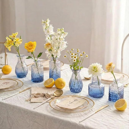 Coastal Blue Glass Bud Vases in Bulk 12, Assorted Embossed Boho Small Flower Vases for Centerpieces, Wedding, Party, Events, Modern Decorative Blue Mini Vase Bottles for Table, Shelves, Home